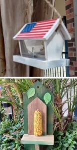 Hand made wooden bird and squirrel feeders