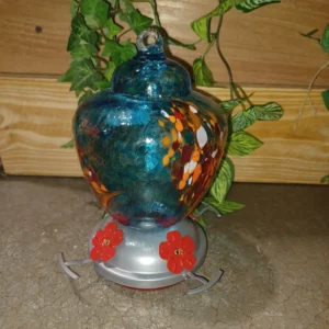 BEAUTIFUL BLUE GLASS BLOWN HUMMINGBIRD FEEDEER WITH  DESIGNS