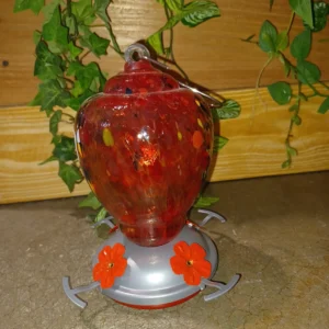 RED GLASS BLOWN HUMMINGBIRD FEEDER