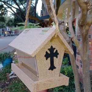 STONE COLOR BIRD FEEDER WITH CROSS EMBELLISHMENT