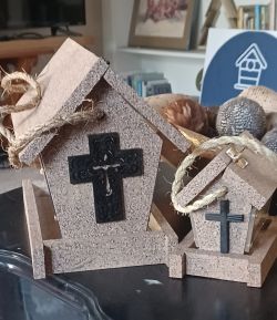 LARGE AND SMALL STONE BIRD FEEDERS WITH CROSS EMBELLISHMENT