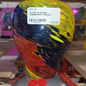 YELLOW AND BLUE GLASS BLOWN HUMMINGBIRD FEEDER
