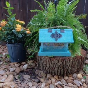 Blue Birdfeeder with black hinges and black Embleshments