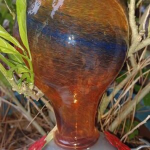YELLOW AND BLUE HAND BLOWN HUMMINGBIRD FEEDER