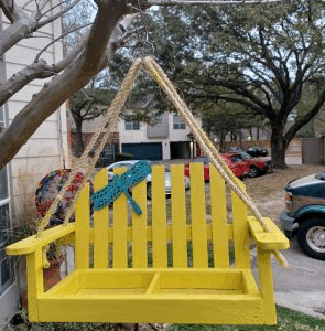 Wooden Bird Feeder - Yellow , Backyard Swing, with blue Dragon Fly Embellishment